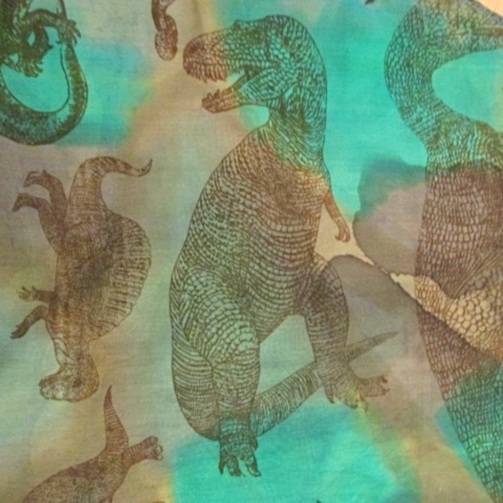 Green Olive Sheer Silk Scarf with Dinosaurs - Picture 2 of 6